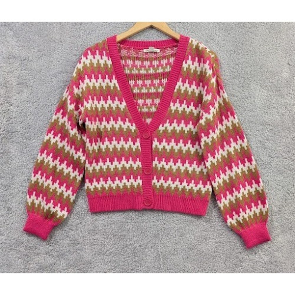 Cato Cardigan Sweater Women's Small Pink White Brown Oversized Zig Zag Button Up